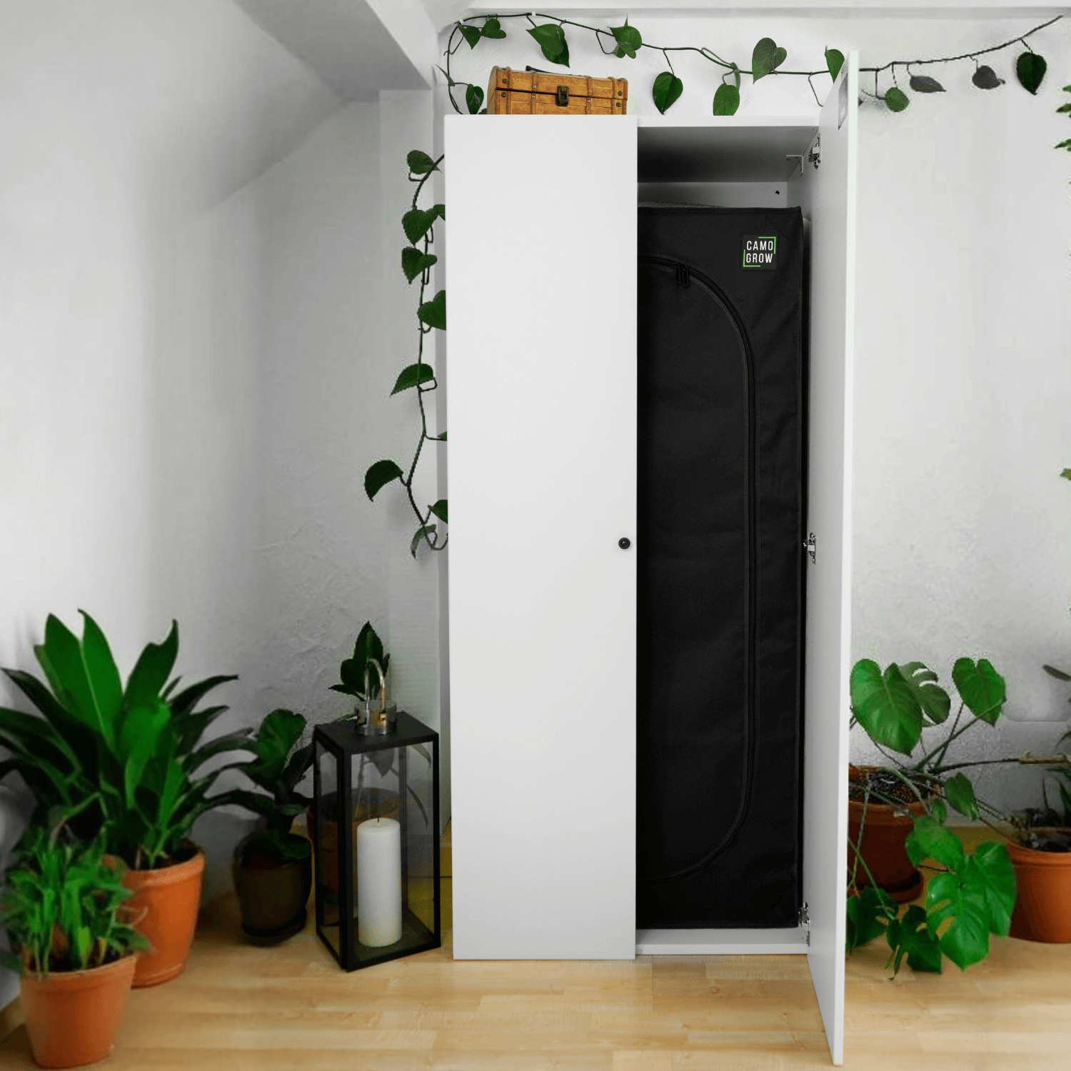 Interior view of a white cabinet showcasing the CAMO GROW® grow tent, surrounded by indoor plants.