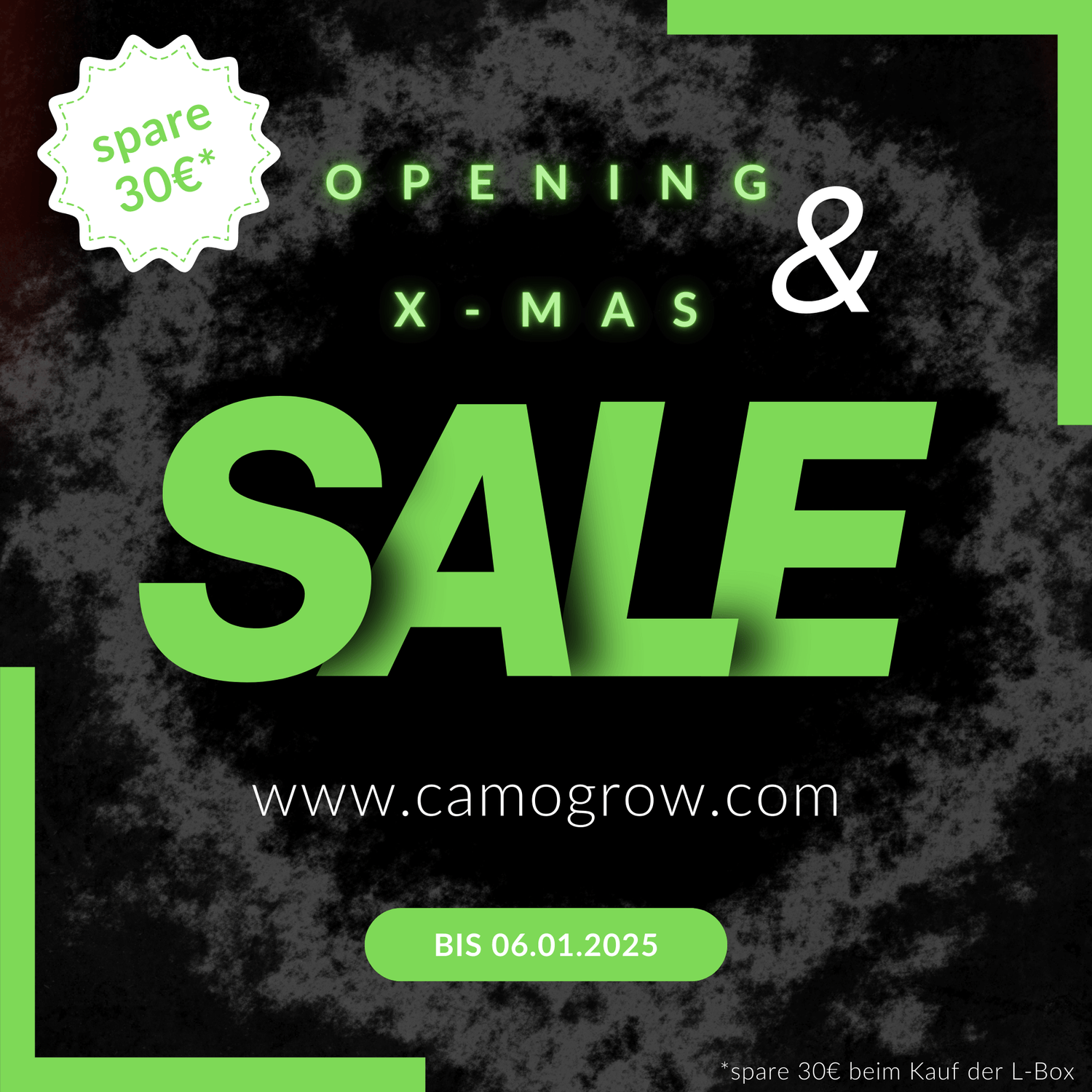 Promotional graphic for CAMO GROW® Opening and Xmas Sale, highlighting a 30€ discount valid until January 6, 2025.