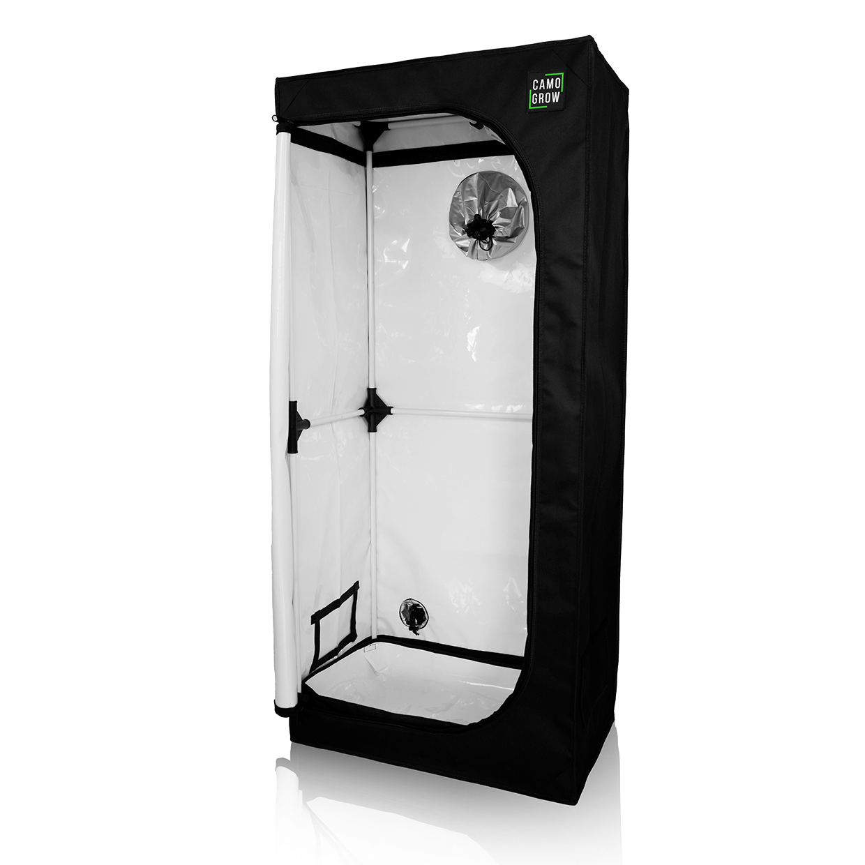 Camo Grow L-Box Premium Indoor-Growzelt für 2–3 Pflanzen mit reflektierendem Innenmaterial und dualem Belüftungssystem.