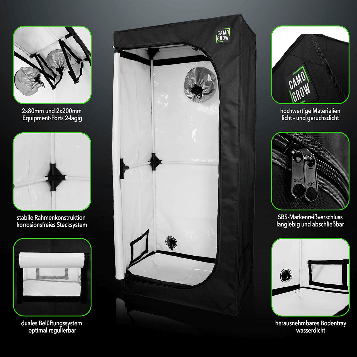 Camo Grow L-Box: Premium Indoor-Pflanzenzelt für 2–3 Pflanzen (70x44x160 cm) mit lichtdichtem Material und doppelter Belüftung.