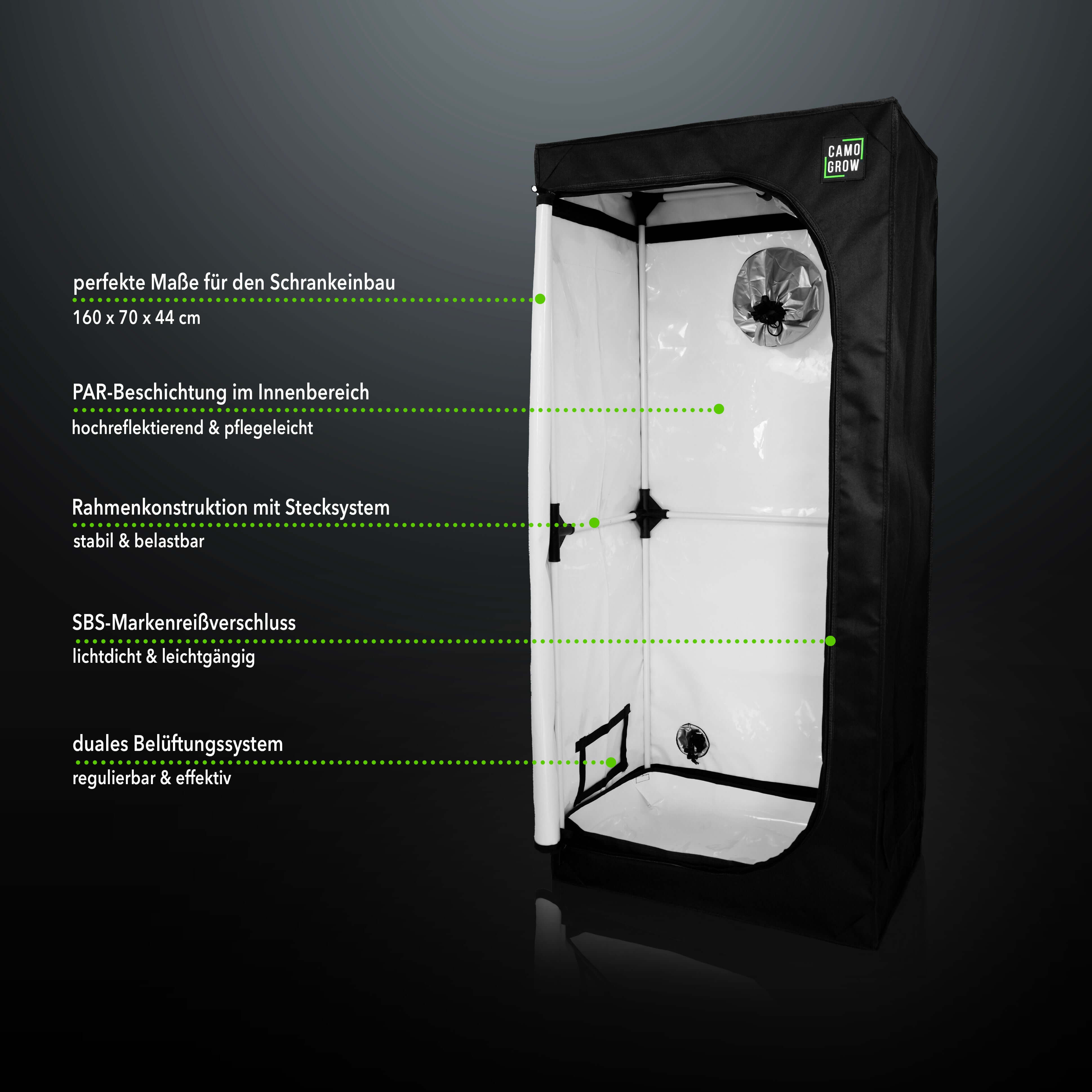 Camo Grow L-Box: Premium-Pflanzenzelt 70x44x160 cm für Indoor-Growing, licht- und geruchsdicht mit doppeltem Belüftungssystem.