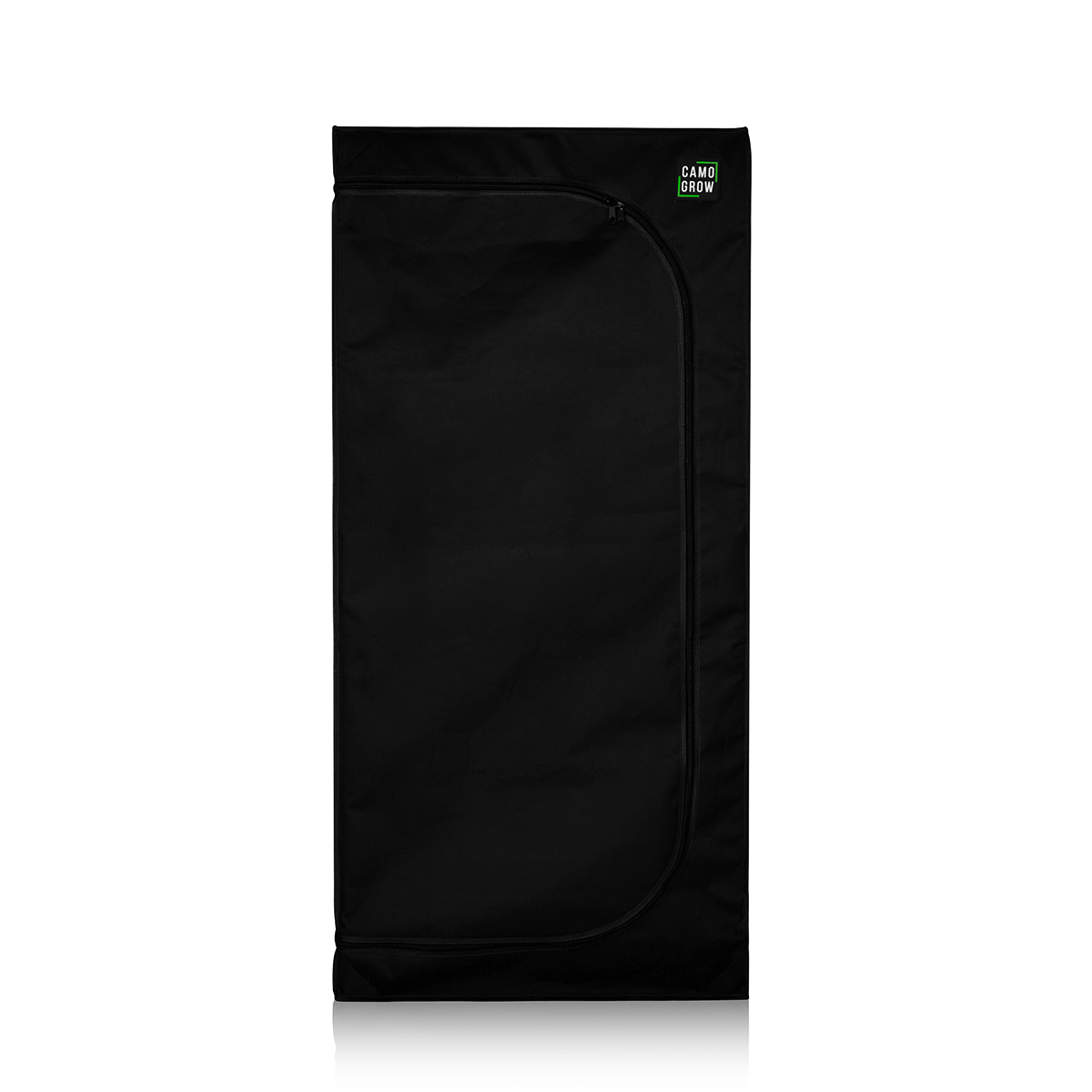 Camo Grow L-Box Premium-Growzelt für 2–3 Pflanzen, schwarz mit reflektierendem Innenraum und doppeltem Belüftungssystem.