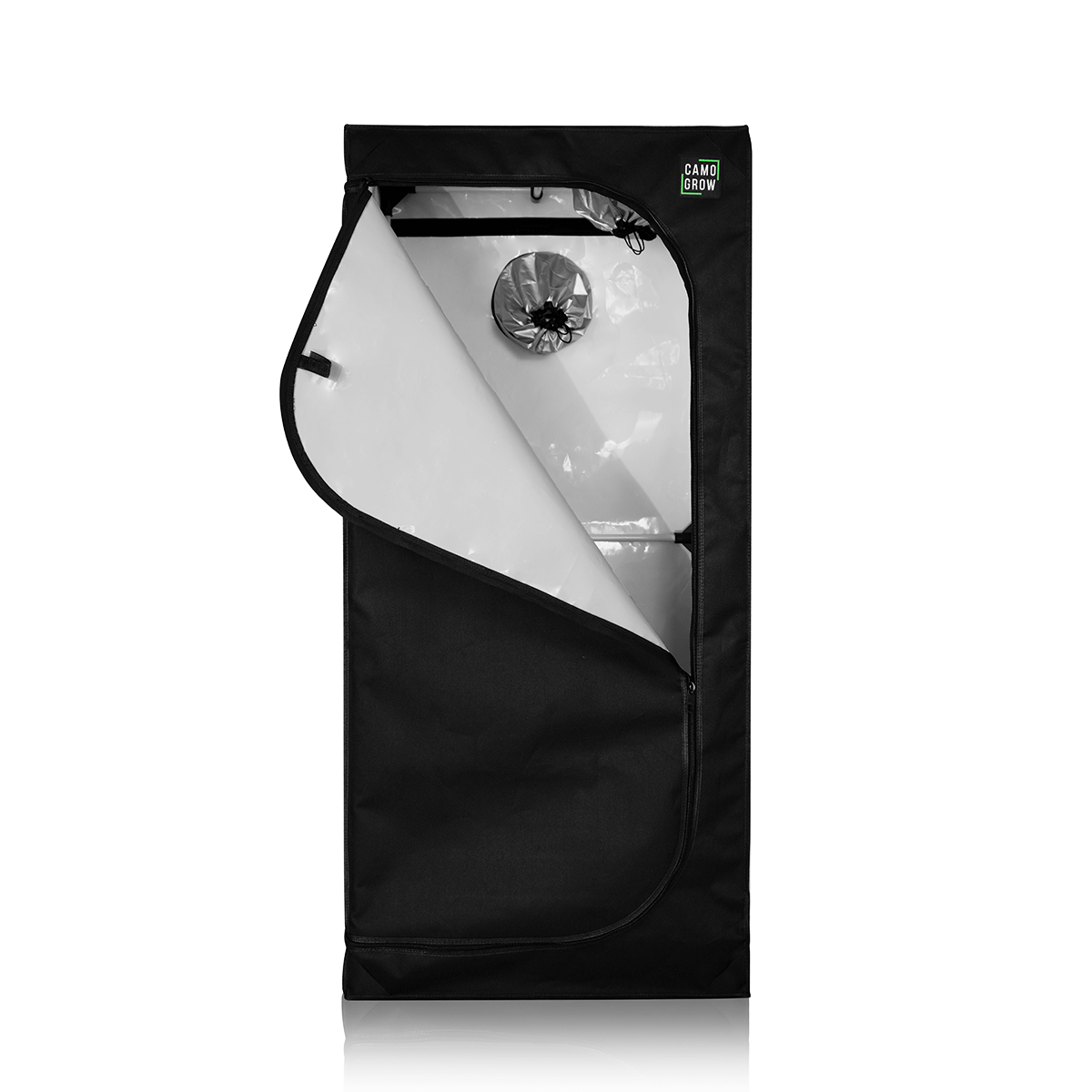 Camo Grow L-Box Indoor-Pflanzenzelt für 2–3 Pflanzen mit reflektierendem Innenraum und doppeltem Belüftungssystem.