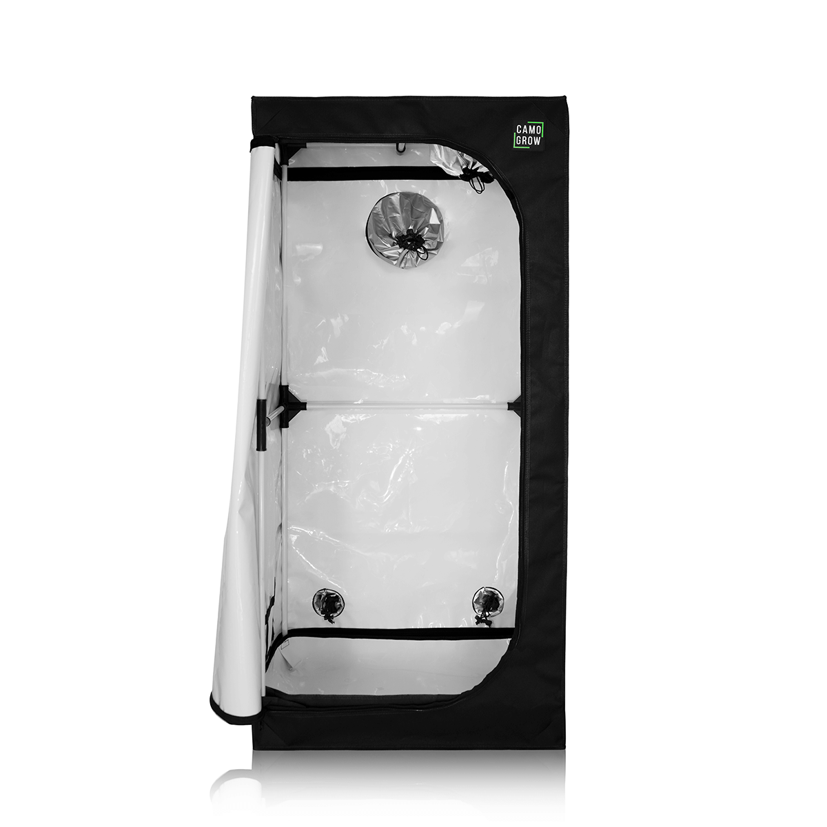 Camo Grow L-Box für Indoor Growing, licht- und geruchsdichtes Design mit reflektierendem Innenraum für optimales Pflanzenwachstum.